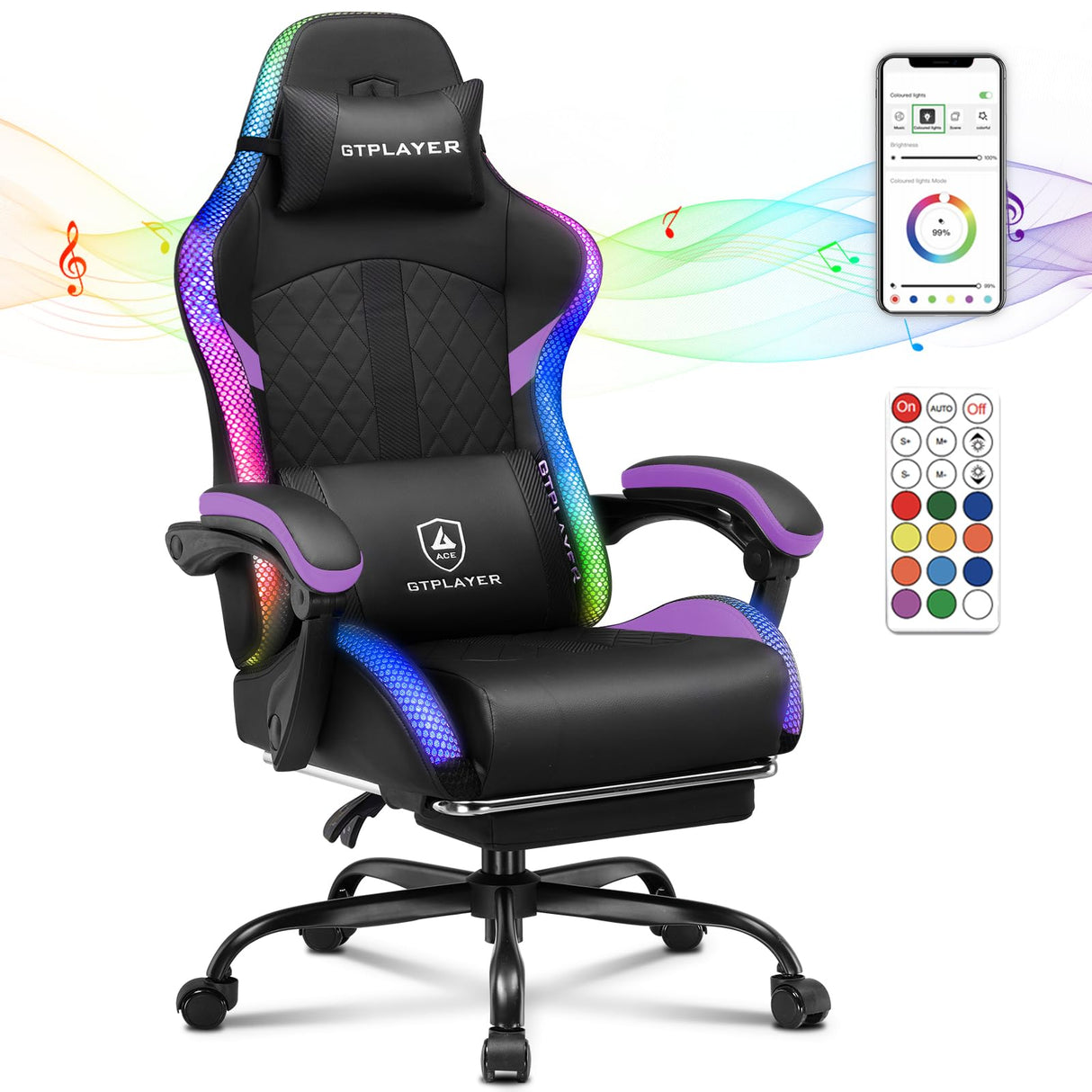 GTPLAYER RGB Gaming Chair with Speakers, Computer Chair with Footrest and LED Lights, High Back Reclining Office Chair with Headrest, 360°Swivel Chair (Purple) GTPLAYER