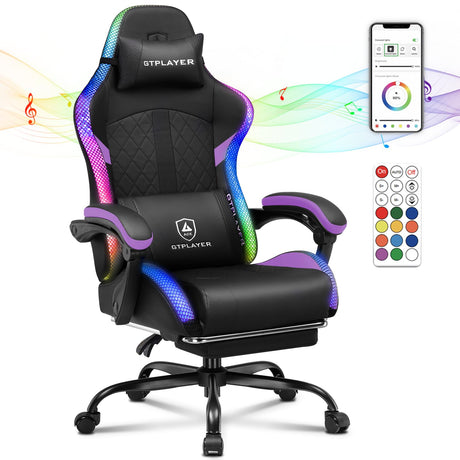 GTPLAYER RGB Gaming Chair with Speakers, Computer Chair with Footrest and LED Lights, High Back Reclining Office Chair with Headrest, 360°Swivel Chair (Purple) GTPLAYER