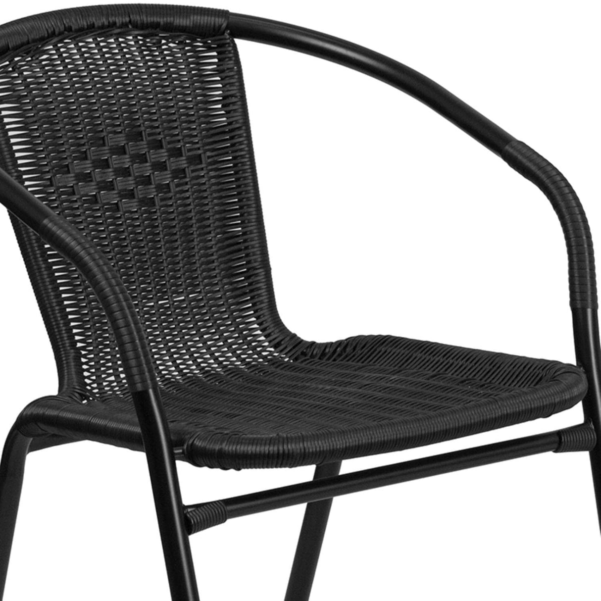 Flash Furniture Lila 28'' Round Glass Metal Table with Black Rattan Edging and 2 Black Rattan Stack Chairs Flash Furniture