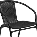Flash Furniture Lila 28'' Round Glass Metal Table with Black Rattan Edging and 2 Black Rattan Stack Chairs Flash Furniture