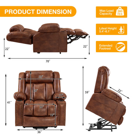 Cfvyne Triple Motor Large Power Lift Recliner Chair for Elderly with Heat and Massage, Lay Flat Lift Chairs for Seniors Infinite Position, Extended Footrest, USB&Type-C Ports, Cup Holder, Light Brown Cfvyne