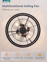 LEDIARY 20 inch Fandelier Caged Ceiling Fan with Light, Bladeless Ceiling Fan with Remote, Farmhouse Fan Lights Ceiling Fixtures for Kitchen, Bedroom, Outdoor(6 Speed, Timing)-Black LEDIARY