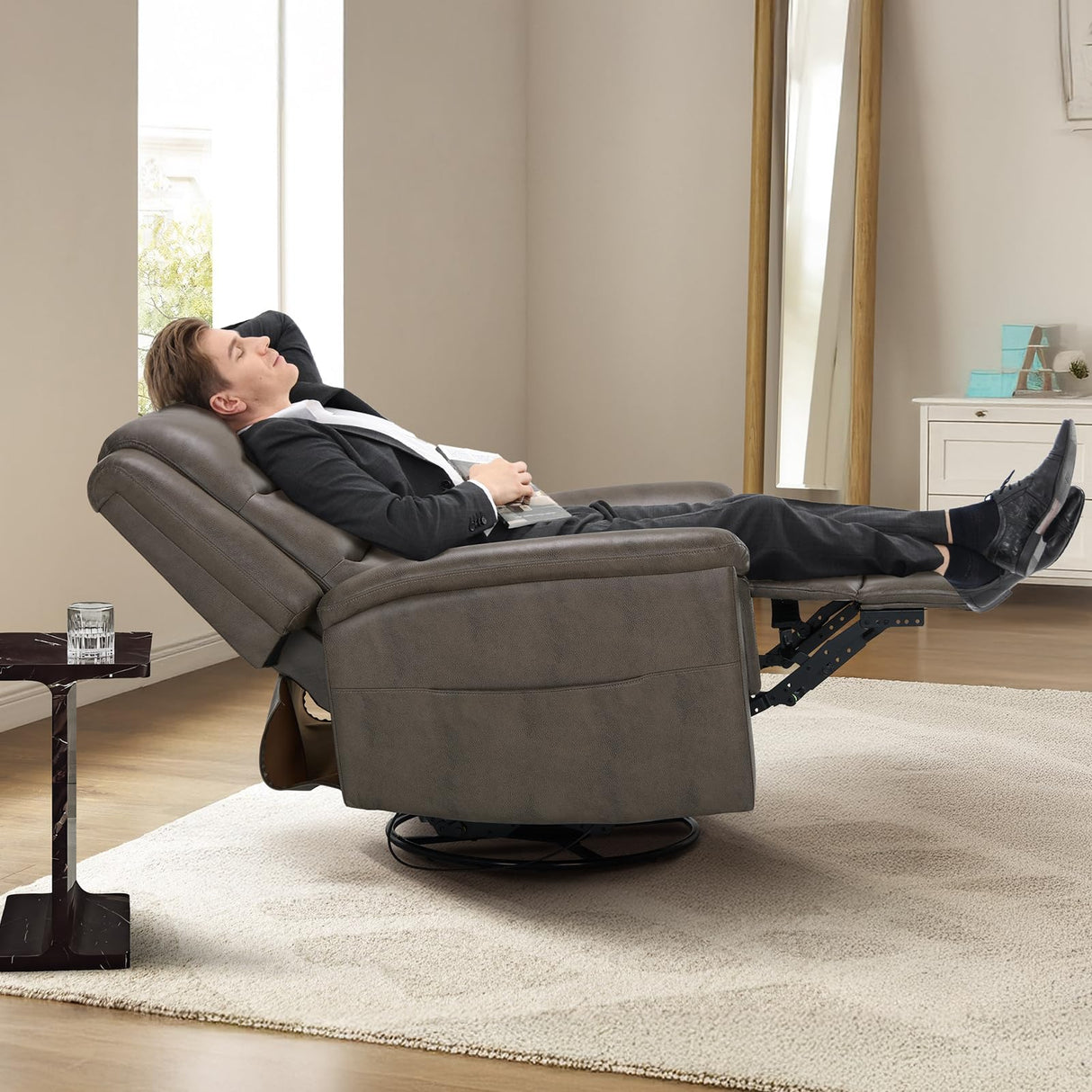 COLAMY Oversized Leather Recliner Chair, 360°Swivel Rocking Manual Recliner with Thick Cushioned Padding Backrest and Wide Seat - Lightbrown COLAMY