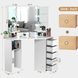 elifine Vanity Desk with Mirror and Lights, Makeup Corner Vanity with 5 Storage Drawers Shelves and 3 Dimmable Lighting Options and Vanity (White) elifine