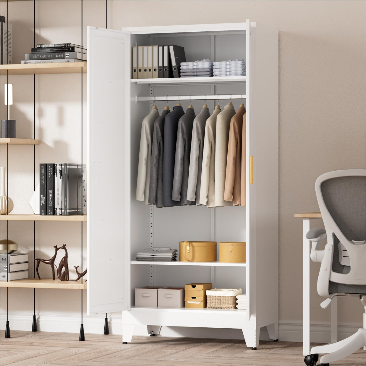 LCAOPC 71" Tall Metal Wardrobe Closet with Adjustable Shelves and Hanging Rod, 2 Doors Free Standing Armoire Wardrobe Cabinet for Bedroom, Office, Laundry Room, White LCAOPC