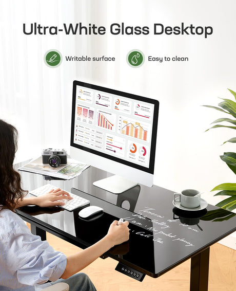 Marsail Glass Electric Standing Desk with Drawer, 48 x 24 Inches Height-Adjustable Desk, One-Piece Tempered Glass Top, Ergonomic Home Office Sit Stand Desk with 4 Preset Heights, Black Marsail