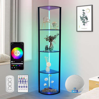 5 Tiers Corner Shelf with Light, WIFI RGB LED Floor Lamp Compatible with Alexa, Smart App and Remote Control, Corner Display Cabinet with Storage Rack for Collectibles Curio Living Room Bedroom Home