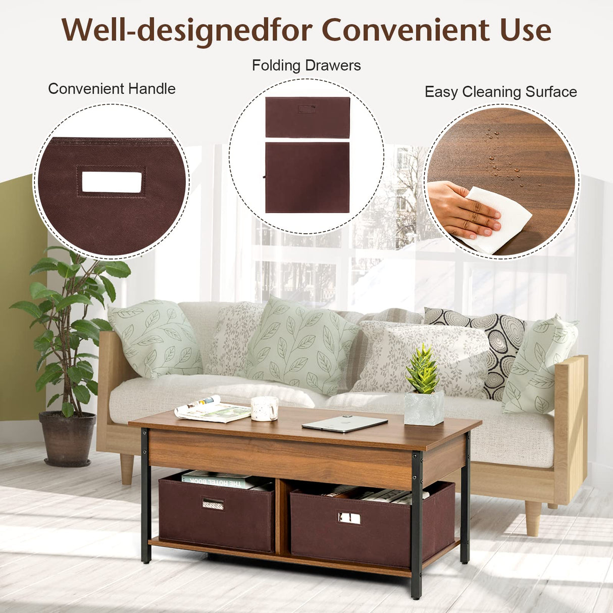 Tangkula Lift Top Coffee Table with Drawers, Multifunctional Pop-up Central Table with Lifting Tabletop, Concealed Compartment & 2 Folding Fabric Drawers, Home Living Room Furniture (Brown) Tangkula