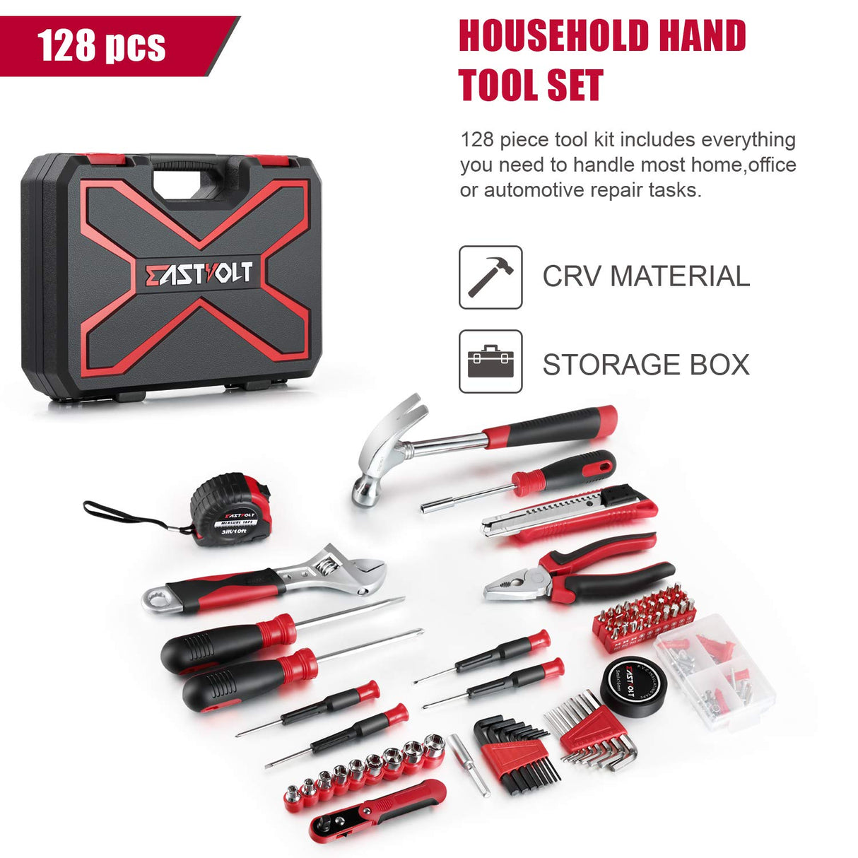 Eastvolt 128-Piece Home Repair Tool Set, Tool Sets for Homeowners, General Household Hand Tool Set with Storage Toolbox, EVHT12801, Black + Red (ASK01) Eastvolt