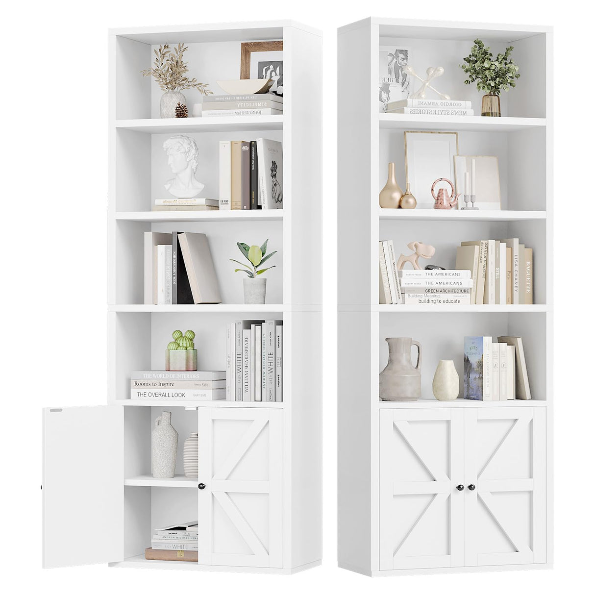 oneinmil 6 Tier Bookshelves and Bookcase with Doors Industrial Set of 2 Double Wide Floor Standing Book Shelf 71" Tall Display Shelves Bookshelf with Storage Cabinets for Living Room White oneinmil