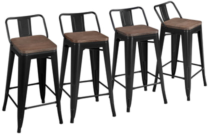 Yaheetech 26 inch Low Back Metal Bar Stools Set of 4 Counter Height Barstools with Wooden Seat Industrial Counter Stool Bar Chairs for Home Kitchen Black