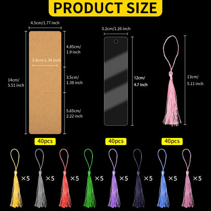 120 Pieces Acrylic Bookmark Blanks, 40 Pcs Kraft Bookmark Sleeves Holder 40 Pcs Clear Acrylic Bookmarks 40 Pcs Colorful Tassels Bulk