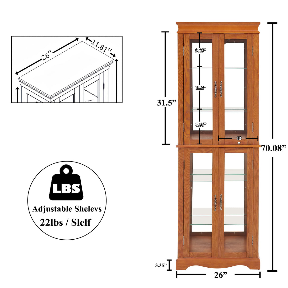 nifoti 70" H Lighted Curio Cabinet Display Case, Glass Curio Cabinets with Adjustable Shelves and Tempered Glass Door, Wooden Cabinet w/Mirrored Back Pane for Living Room (Oak) nifoti