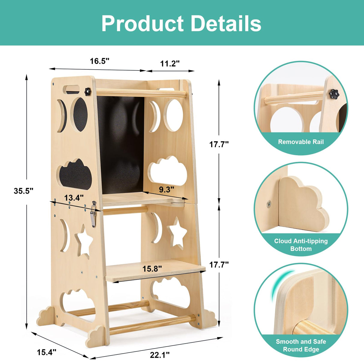 Toddler Kitchen Stool Helper, 4 in 1 Toddler Standing Tower Collapsible Kids Step Stool, Child Standing Tower for Toddlers 1-3 with Safety Rails Yojoker