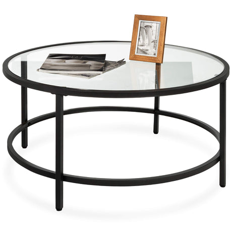 Best Choice Products 36in Modern Round Tempered Glass Accent Side Coffee Table for Living Room, Dining Room, Tea, Home Décor w/Metal Frame, Non-Marring Foot Caps - Black Best Choice Products