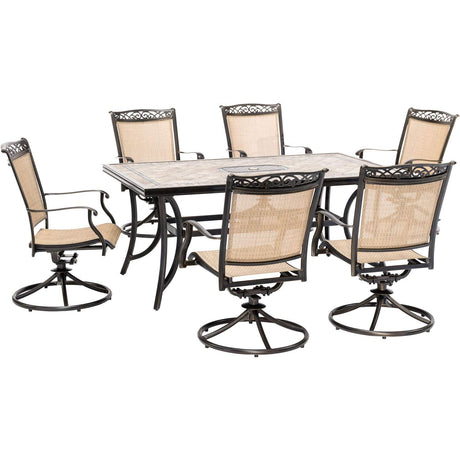 Hanover Fontana 7-Piece Patio Dining Set, Rust Resistant Aluminum Outdoor Dining Set with 6 Swivel Rockers and Porcelain Tile Rectangular Dining Table Hanover