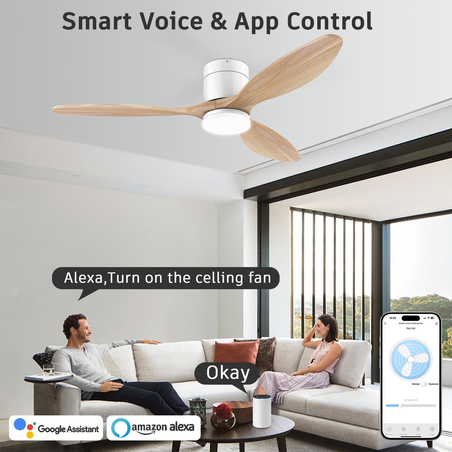 52”Smart Wood Flush Mount Ceiling Fans with Lights Remote,Quiet DC Motor,Ultra Low Profile Ceiling Fan Compatible with Alexa Google Voice App,Outdoor Indoor Modern White Ceiling Fan for Bedroom Patio