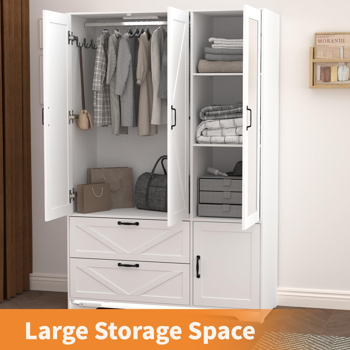 Hosnnile 72'' Armoire Wardrobe Closet with Mirror Door & Light, Farmhouse Bedroom Clothes Cabinet with 4 Doorrs + Hanging Rod + 2 Drawers, Wooden Wardrobe Cabinet with Adjustable Shelf for Bedroom Hosnnile