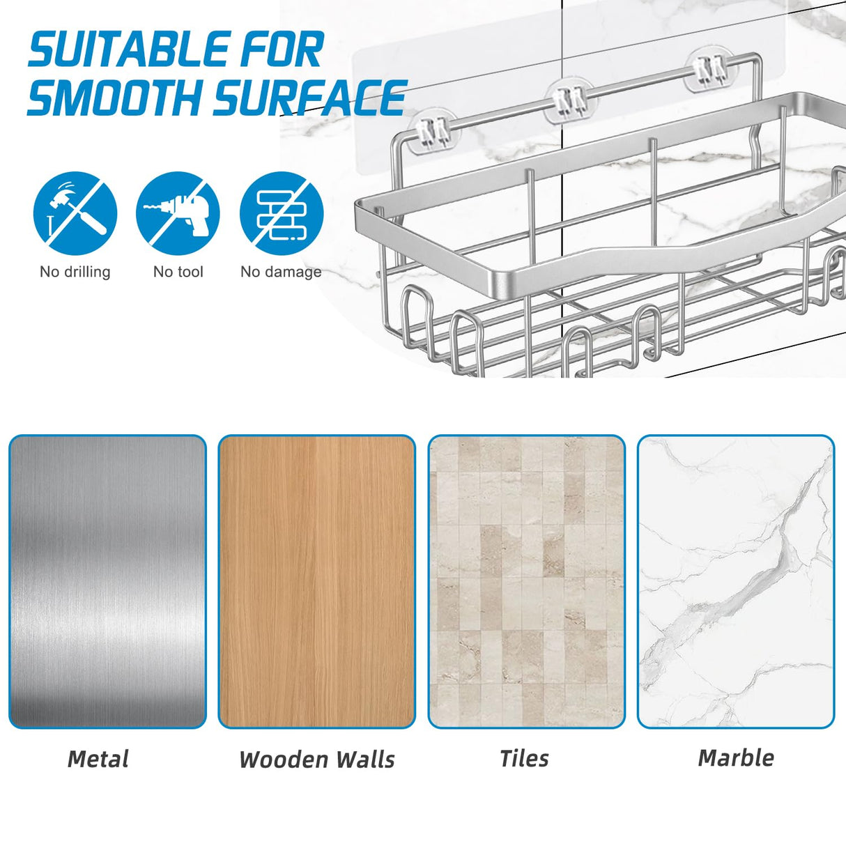 Youvip Adhesive Shower Caddy, No Drilling Bath Organizers 5 Pack, Rustproof Shelves with Soap Holder & Toothbrush Holder, Bathroom Organizers and Storage, Silver Youvip