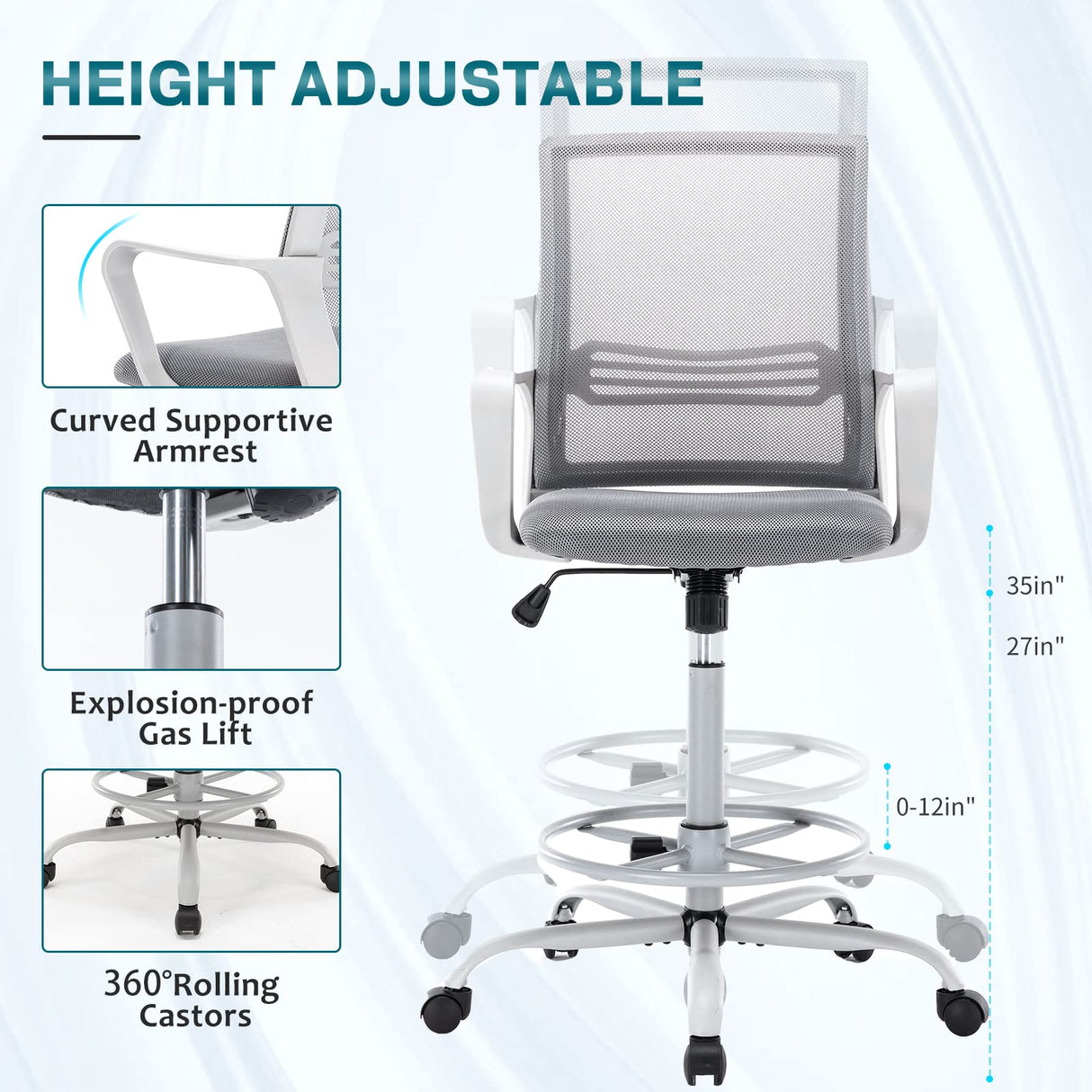 AFO Tall Office Drafting Chair with Ergonomic Lumbar Support, Armrests and Adjustable Foot Ring Breathable Mesh, Comfortable Padded Seat Cushion, for Standing Desk, Grey 18.5D x 18.9W x 45.47H Inch AFO