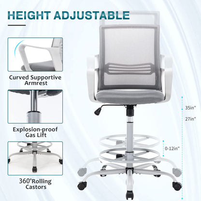 AFO Tall Office Drafting Chair with Ergonomic Lumbar Support, Armrests and Adjustable Foot Ring Breathable Mesh, Comfortable Padded Seat Cushion, for Standing Desk, Grey 18.5D x 18.9W x 45.47H Inch