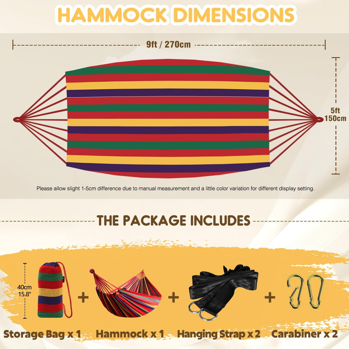 ANYOO Cotton Hammock Portable Camping Hammocks for Hanging Sturdy Garden Comfortable Fabric Hammock with Tree Straps Up to 660lbs with Travel Bag for Camping Outdoor/Indoor Patio Backyard ANYOO