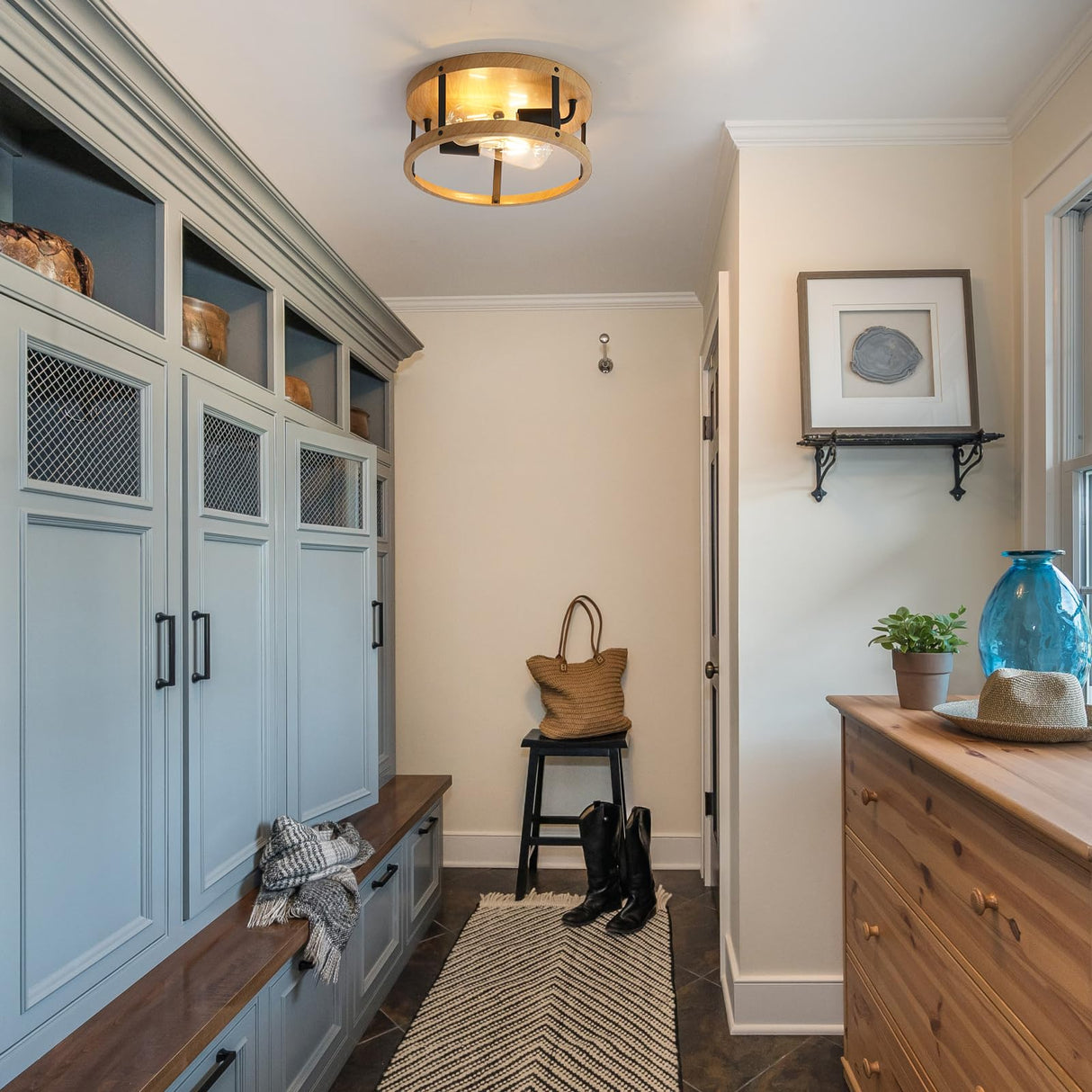 DOXVIEZE 2-Light Retro Close to Ceiling Light, Wood Finish Flush Mount Ceiling Light with Black Metal, Easy Assembled, Industrial Round Farmhouse Ceiling Lamp for Hallway Entryway Bedroom DOXVIEZE