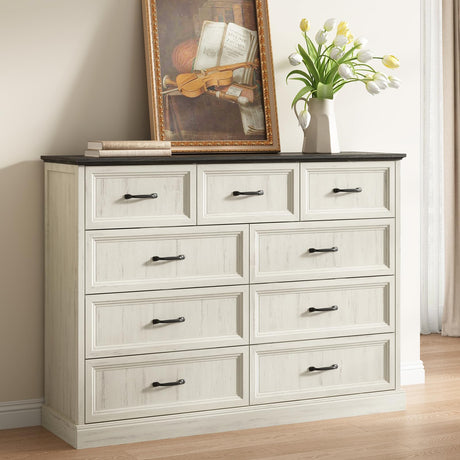 Farmhouse 9 Drawer Dresser for Bedroom, 55 Inch Wide Modern White Dresser TV Stand with Large Drawers & Bar Handles, Rustic Wood Chest of Drawers for Bedroom, Living Room, Hallway, Entryway. CARPETNAL