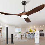 JOYEYE Ceiling Fans with Lights and Remote, 3 Solid Wood Blades, Outdoor Wooden Ceiling Fan with 2 Downrods for Patios, 52 Inch Modern Ceiling Fan with Noiseless Reversible DC Motor JOYEYE
