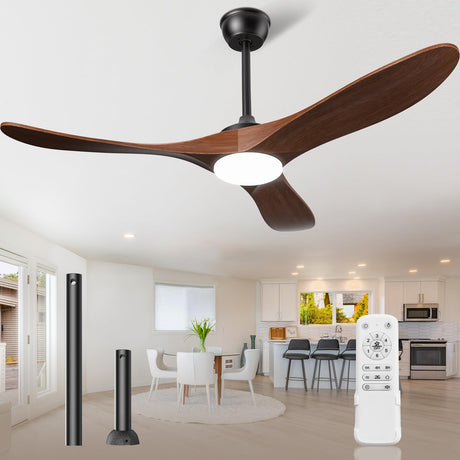 JOYEYE Ceiling Fans with Lights and Remote, 3 Solid Wood Blades, Outdoor Wooden Ceiling Fan with 2 Downrods for Patios, 52 Inch Modern Ceiling Fan with Noiseless Reversible DC Motor JOYEYE