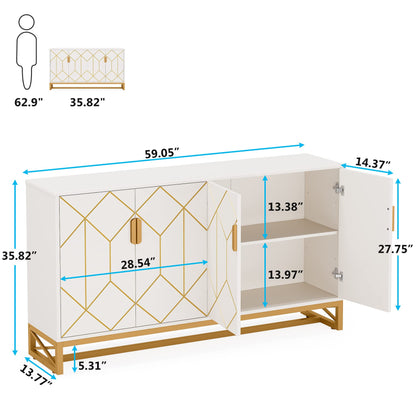 LITTLE TREE Storage Cabinet with Storage Shelves for Living Room, Modern Sideboard Buffets Cabinets Coffee Bar with Gold Metal Frame 4 Doors for Kitchen Dining Room Entryway Bedroom, White - WoodArtSupply