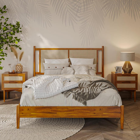 Bme Oliver Headboard Queen Size Bed Frame - 15-Inch Signature Design with Rattan Headboard, Bohemian and Mid Century Style, 12-Slat Wood Support, No Box Spring Needed - Easy Assembly, Caramel Bme