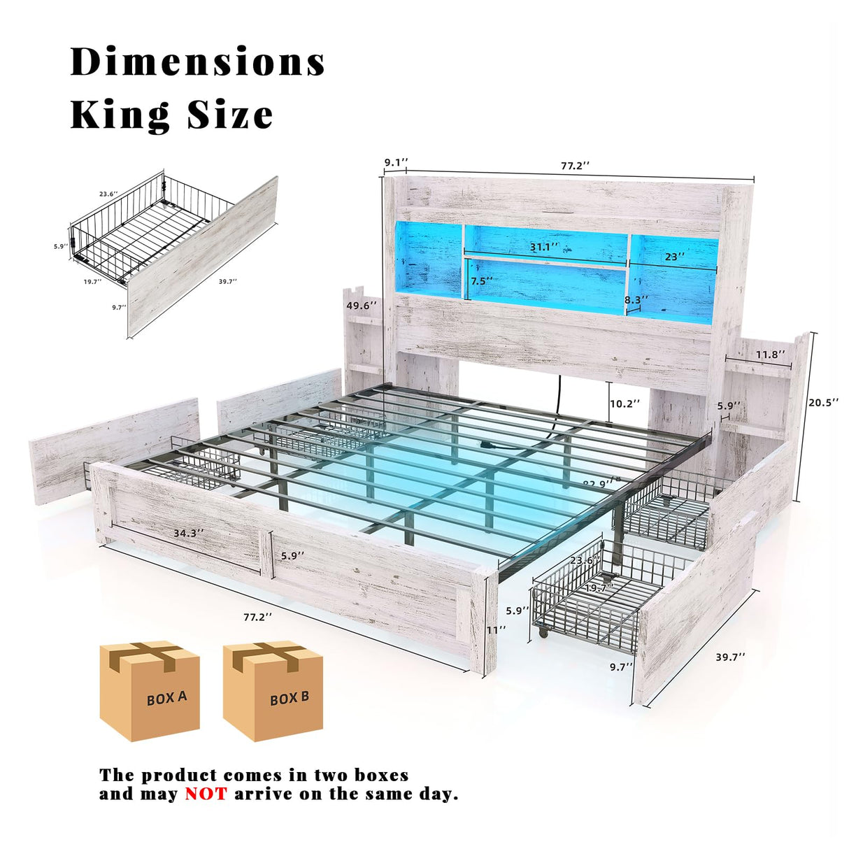 LUXOAK King Bed Frame with 49.6" Bookcase Headboard & 2 Bedside Stoage Racks & 4 Drawers, Farmhouse Wood Bed Frame with RGB LED & Charging Station, No Box Spring Needed, Distressed White LUXOAK