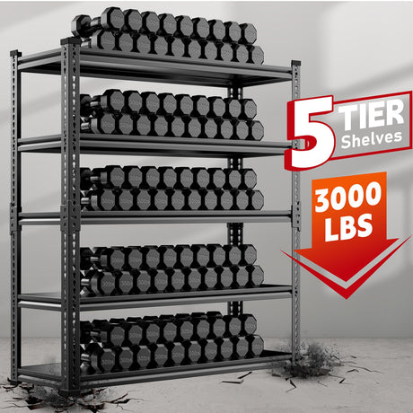 Lauxery Heavy Duty Garage Shelving, 5-Tier Storage Rack 3000LBS Capacity 48" W x 72" H x 24" D, Adjustable Storage Shelves, Boltless Assembly Shelving Unit for Workshop, Basement & Garage Organizer Lauxery