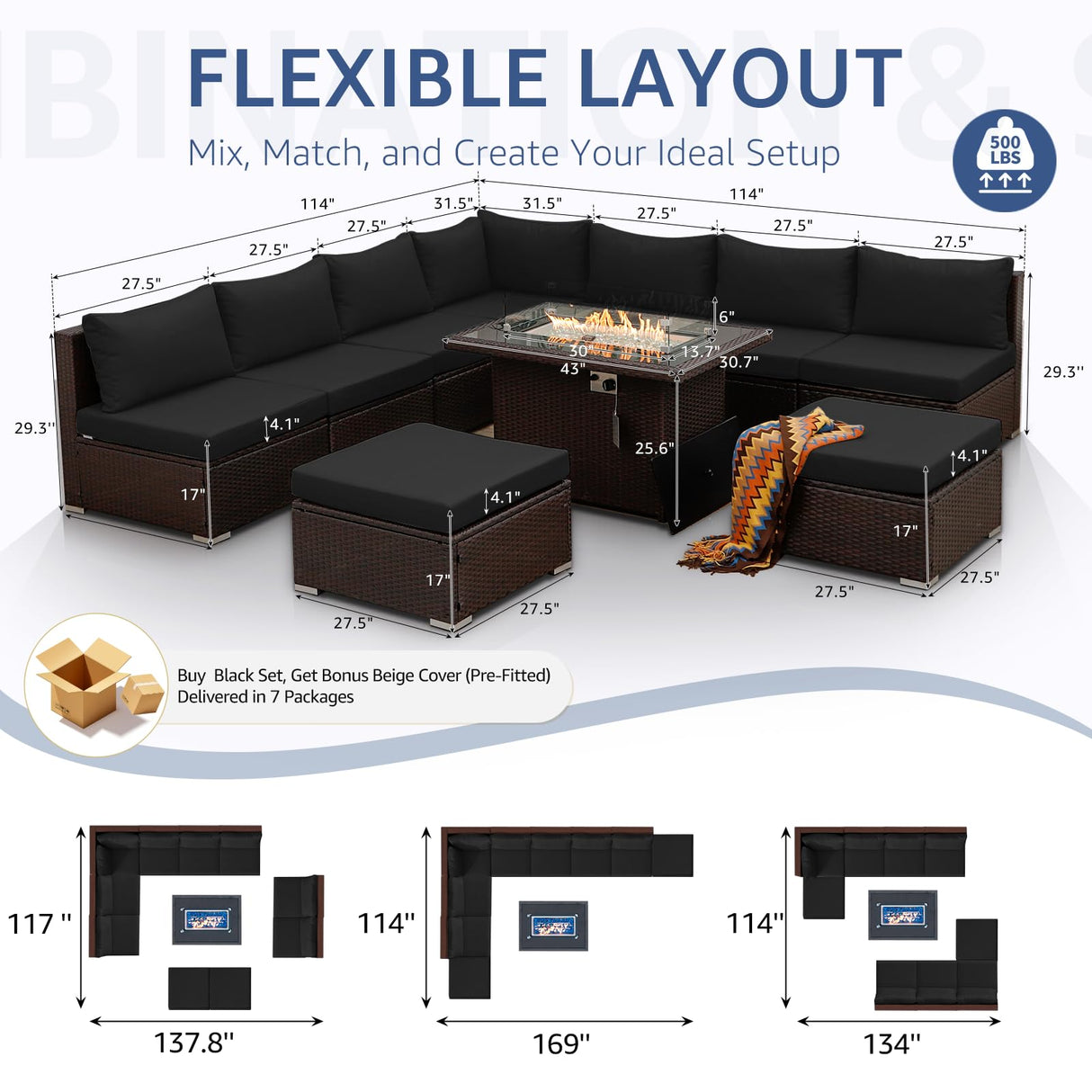 NICESOUL Outdoor Patio Furniture Set with Fire Pit Natural Gas/Propane, 29.3'' High-Back XL Large Conversations for Exteriors, 9-Seater Wide Deep Seating Rattan Sectional Sets, Brown and Black NICESOUL