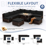 NICESOUL Outdoor Patio Furniture Set with Fire Pit Natural Gas/Propane, 29.3'' High-Back XL Large Conversations for Exteriors, 9-Seater Wide Deep Seating Rattan Sectional Sets, Brown and Black NICESOUL