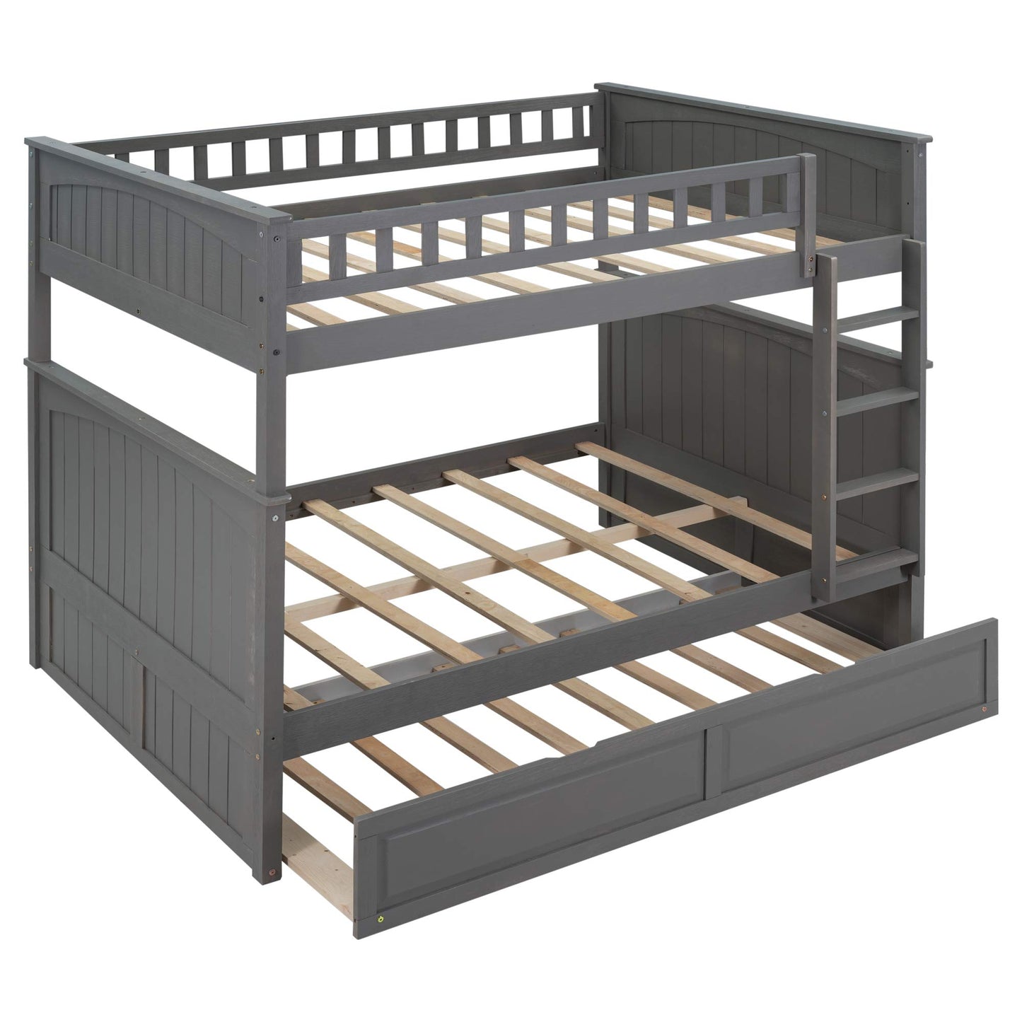 SOFTSEA Full Over Full Bunk Bed with Trundle Bedroom Furniture Solid Wood Bunk Beds Frame, Divided Into Two Separate Full Beds, Gray