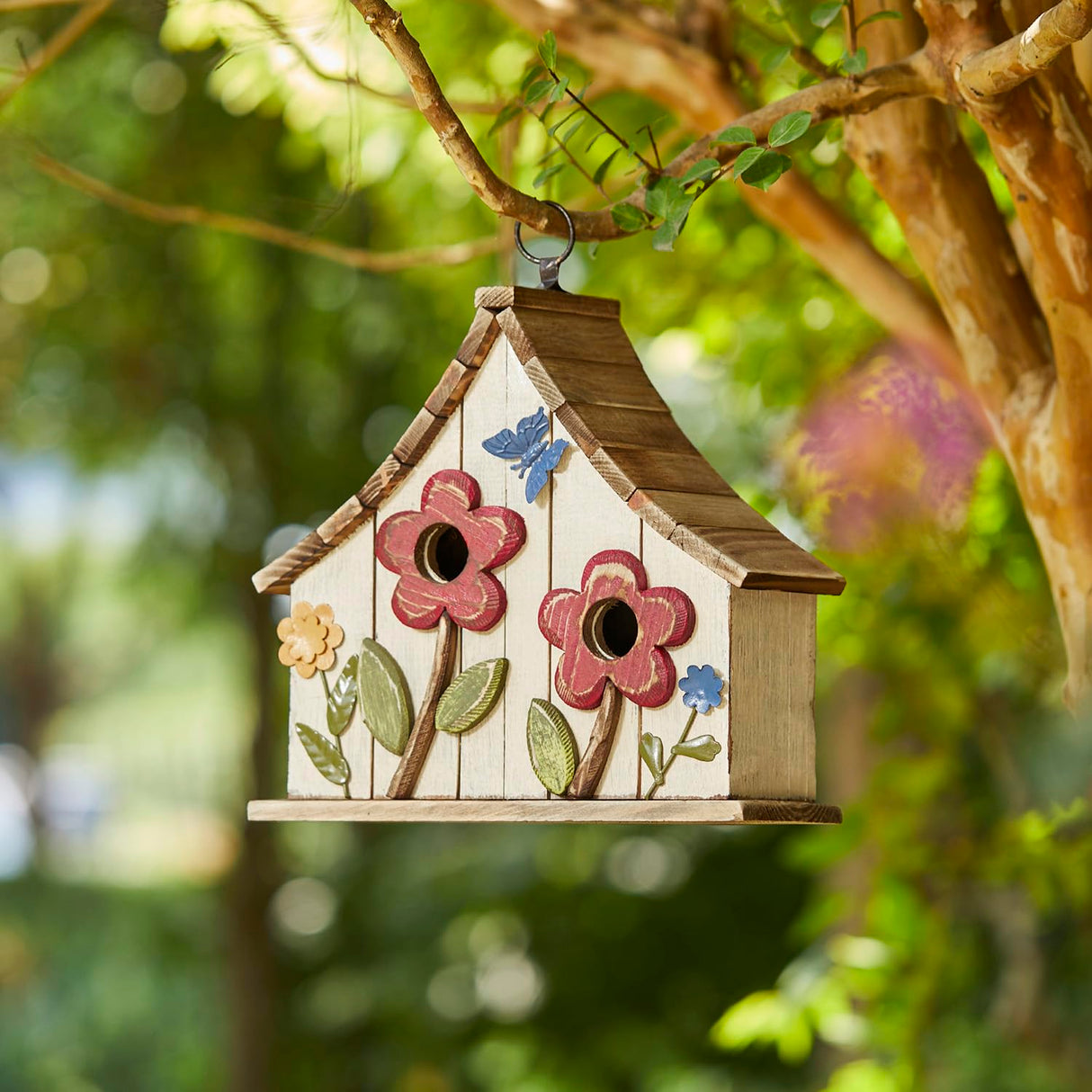 Glitzhome 10.75" L Distressed Solid Wood Birdhouse with 3D Flowers Rustic Two-Story Townhouse Hand-Painted Bird Houses for Garden Outdoors,Washed White glitzhome