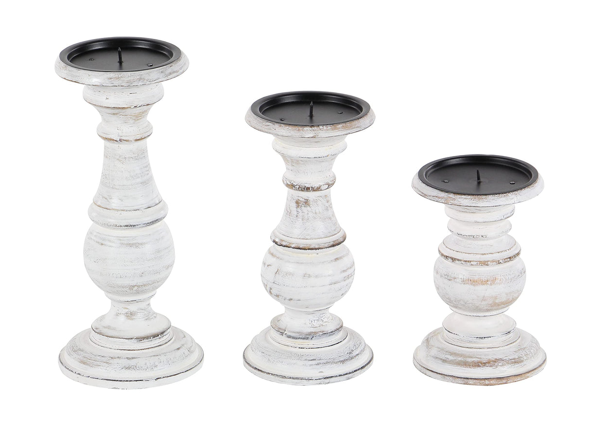 Deco 79 Mango Wood Decorative Candle Holder Turned Style Pillar Candle Stand, Set of 3 Candlestick Holder 10", 8", 6”H, White Deco 79