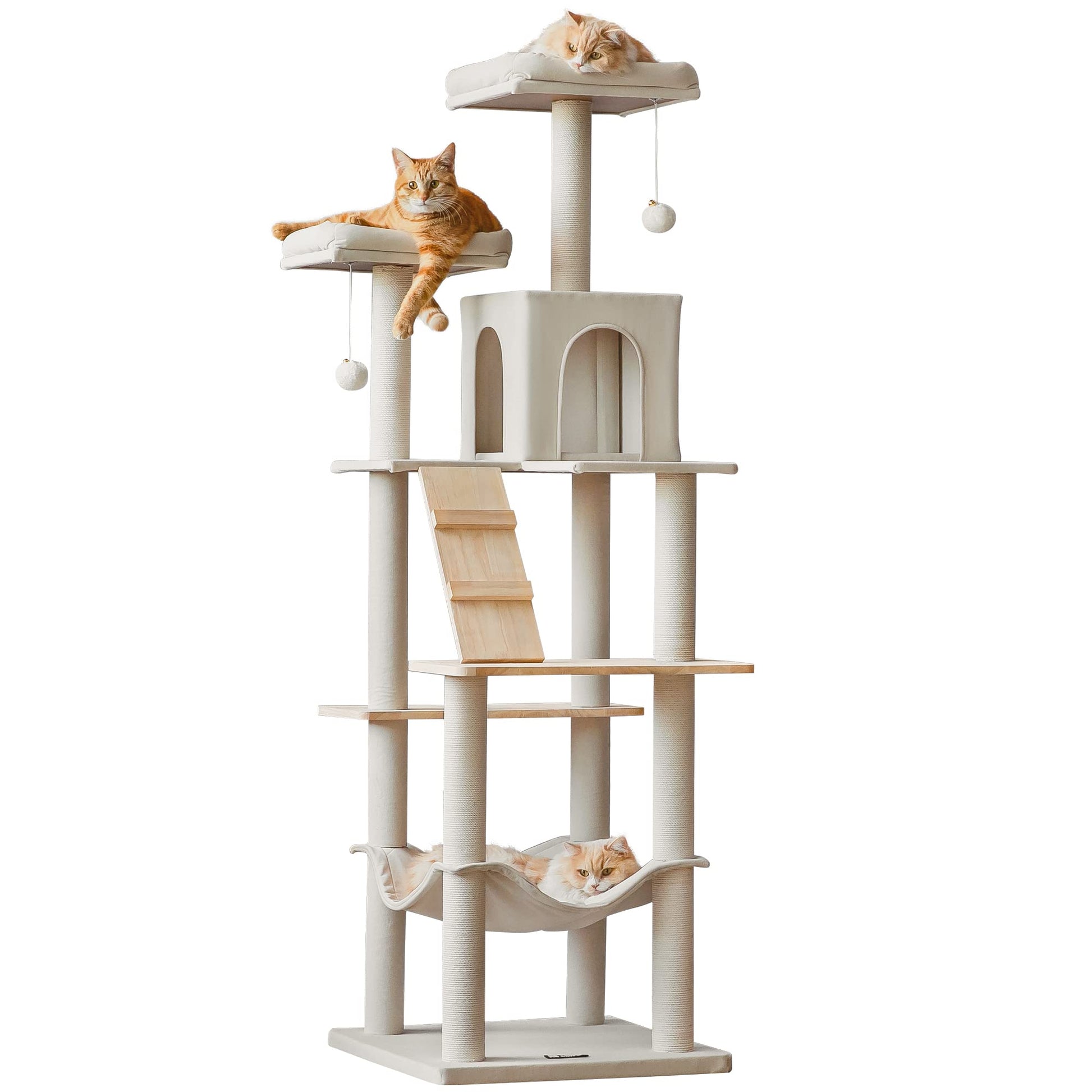 MWPO Large Modern Cat Tree, 70.1-Inch Wood Cat Tower for Indoor Cats, Multi-Level Tall Cat Condo with 2 Padded Perches, Hammock, Scratching Posts, Dangling Toys, Beige - WoodArtSupply