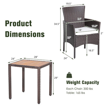 Tangkula 3 Pieces Patio Furniture Set, Outdoor Mix Brown Wicker Dining Set w/Acacia Wood Top Table, Comfortable Cushioned Chairs, Space-Saving Rattan Conversation Set for Garden, Backyard, Po - WoodArtSupply
