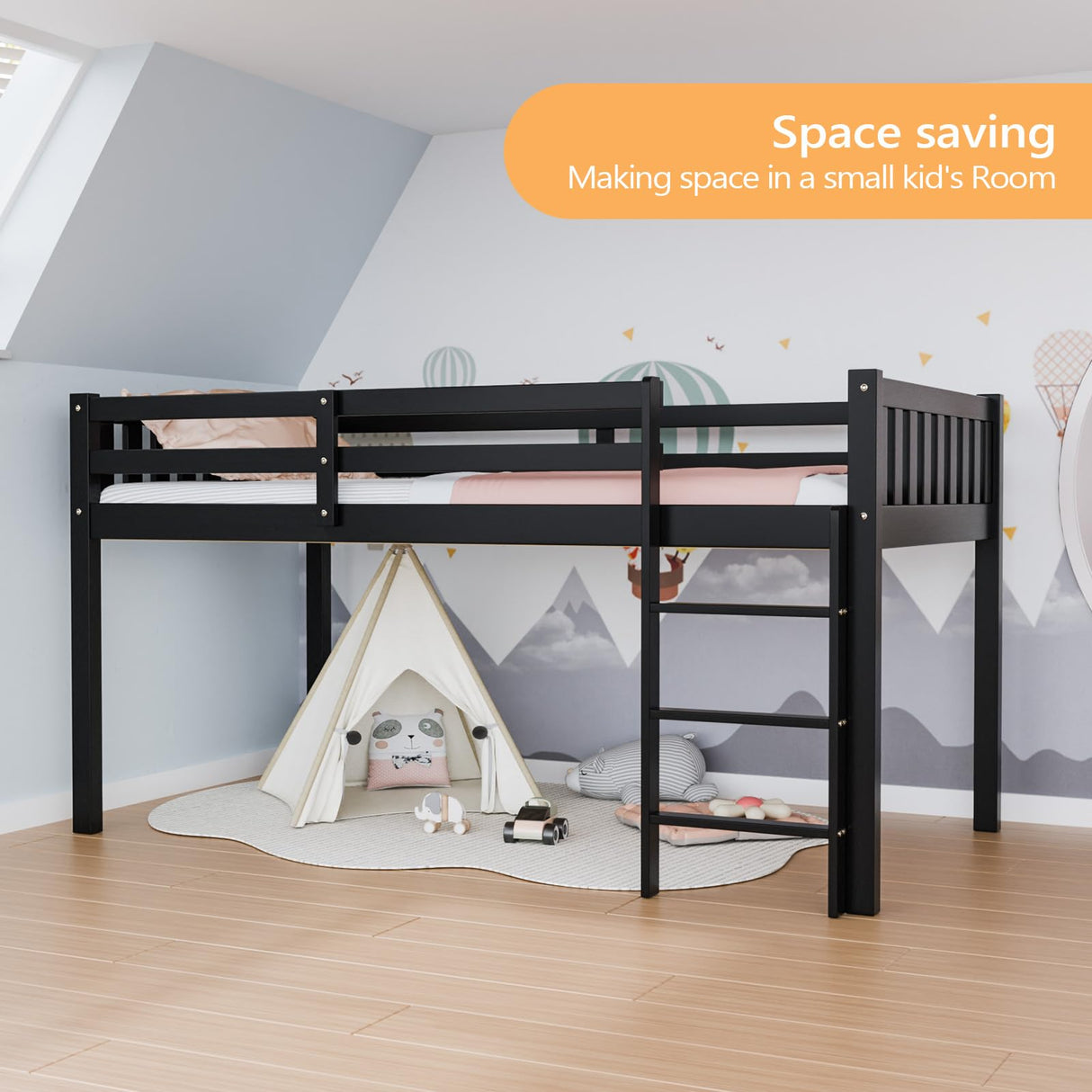 JOYMOR Twin Loft Bed Low Loft Bed Frame for Little Kids Small Room/Low Ceiling Bedrrom with Guardrail and Ladder (Black) JOYMOR