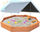 Luyitton Large Octagon Sandbox 84.5"x 77"x 9.02" Wooden Outdoor Kids Sand Pit with Canopy Tarp, Gift for Ages 2-8 Years Old Backyard Garden Easy Assembly luyitton