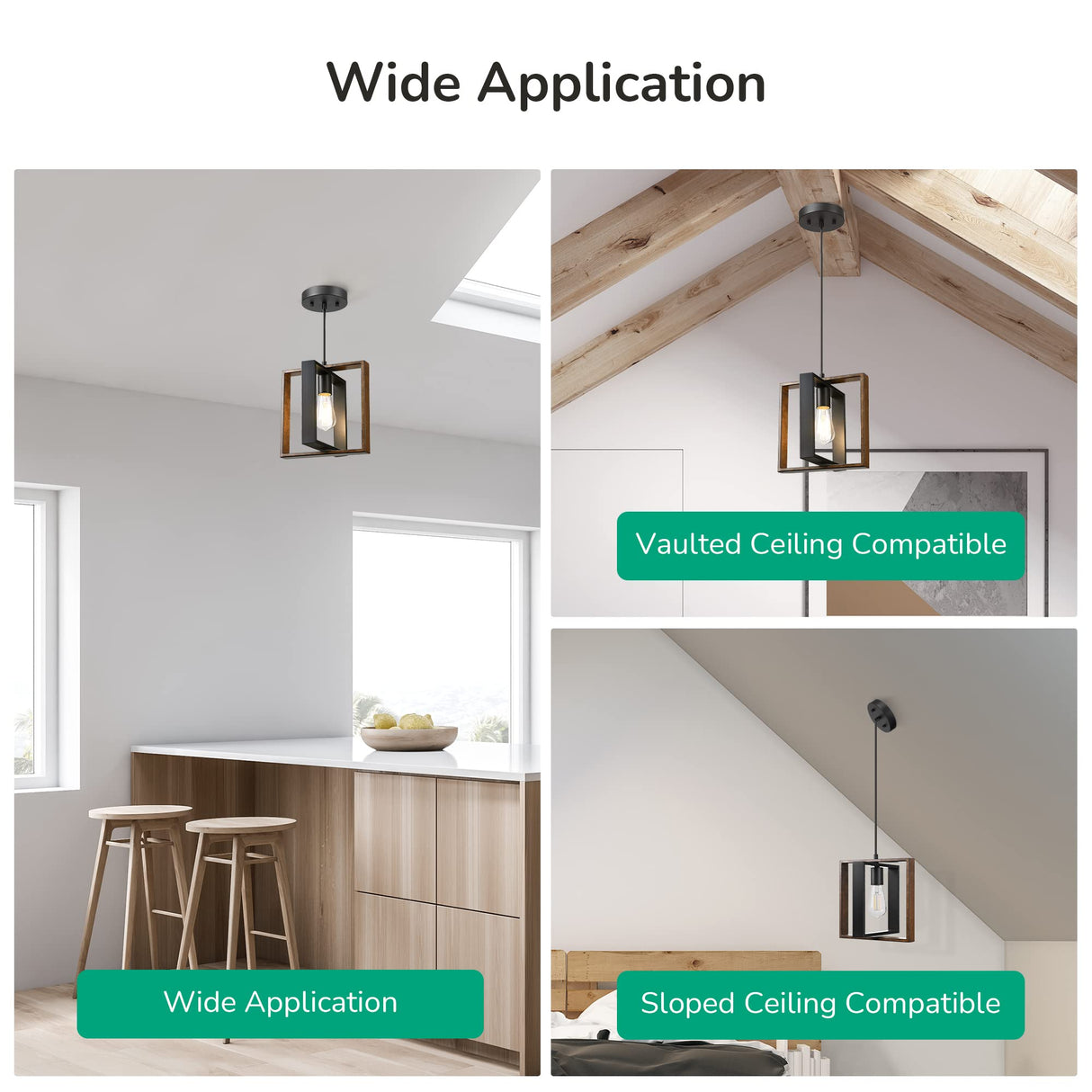 EDISHINE Farmhouse Pendant Light Fixture, Rustic Hanging Light Fixture with Wood Grain and Black Finish, Pendant Lighting for Kitchen Island, Dining Room, Hallway, Adjustable Cord EDISHINE