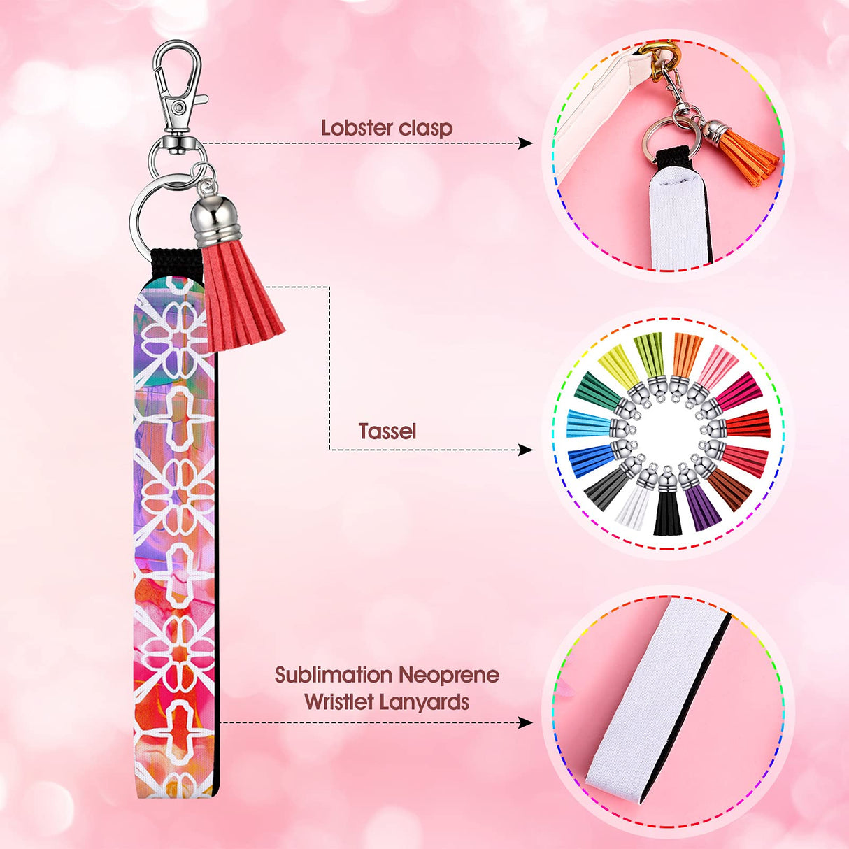 Hicarer 60 Pcs/15 Set Sublimation Blanks Wristlet Keychain Set, Sublimation Lanyard Blank Sublimation Keychain Tassels Neoprene Wristlet Swivel Snap Hooks and Jump Rings for DIY Keychains Hicarer