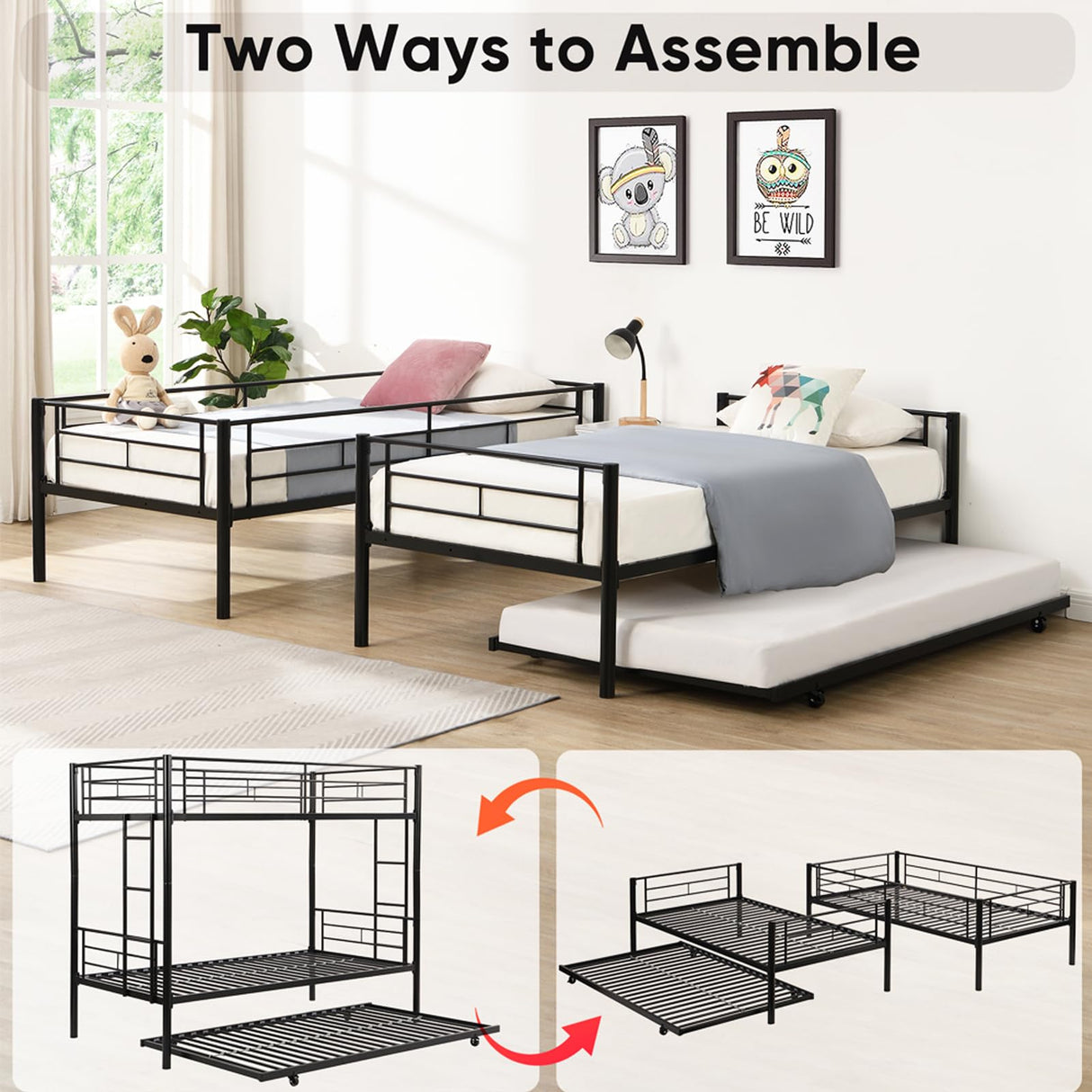 HomJoones Metal Bunk Bed Frame,Twin Over Twin Metal Bunk Bed with Trundle Heavy Duty Twin Size Metal Bunk Beds Frame with 2 Side Ladders Convertible Bunkbed,No Box Spring Needed (White) HomJoones