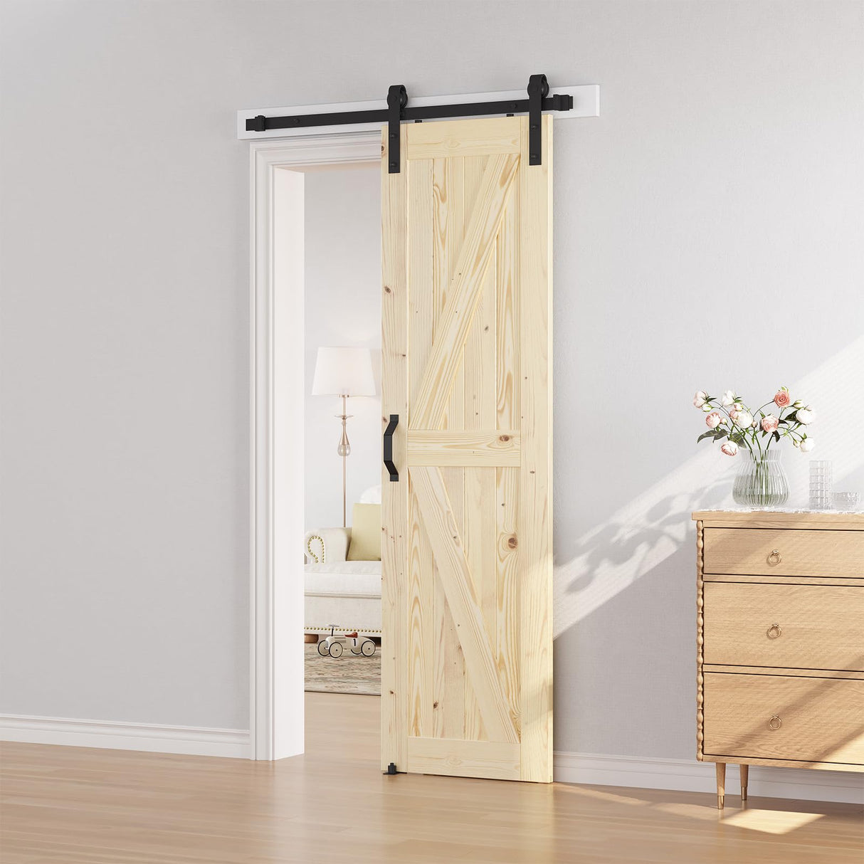 SmartStandard 24in x 84in Sliding Barn Wood Door Pre-Drilled Ready to Assemble, DIY Unfinished Solid Spruce Wood Panelled Slab, Interior Single Door Only, Natural, K-Frame (Fit 4FT Rail) SMARTSTANDARD