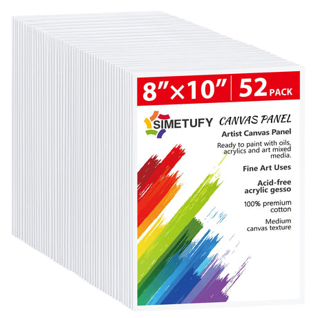 Simetufy Canvas Boards for Painting 52 Pack 8 x 10 Inch Blank Flat Canvas Panels 100% Cotton Pre-Primed for Acrylic & Oil Paint, Art Supplies for Kids & Adults Simetufy