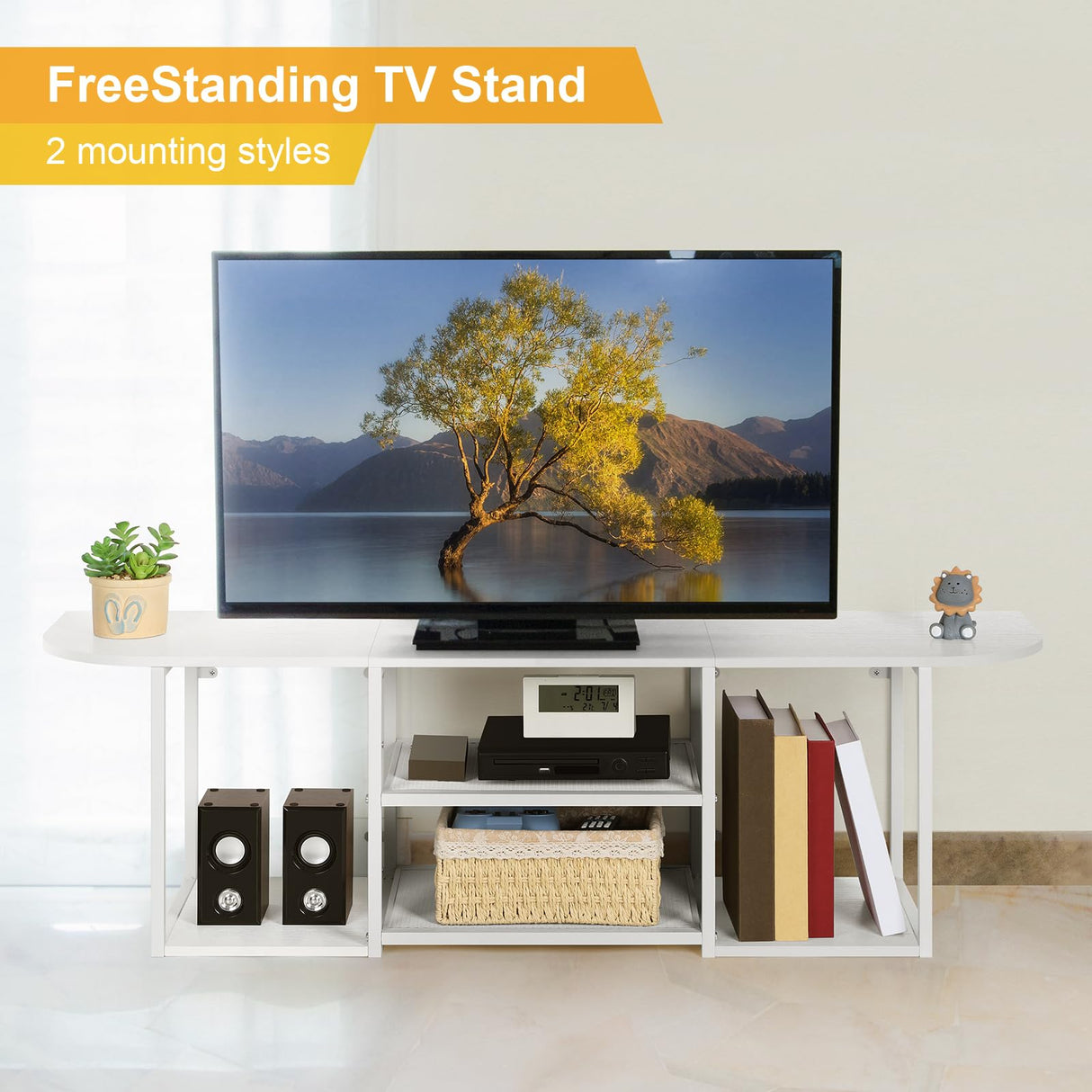 BTY Floating TV Stand for 50" TV Wall Mounted Entertainment Center with 3 Tier Open Storage Shelf, Wooden Media Console for Living Room, Bedroom, Under TV Shelf, White BTY