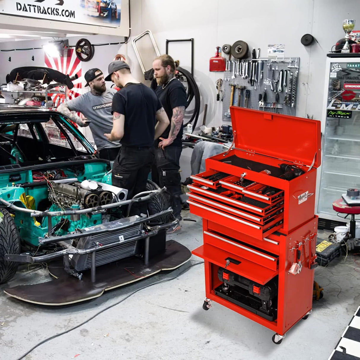 Clickoods Tool Chest Heavy Duty Rolling Tool Box with Cabinet 8-Drawer for Lockable & Removable Cabinet for Garage and Workshop - Red Clickoods
